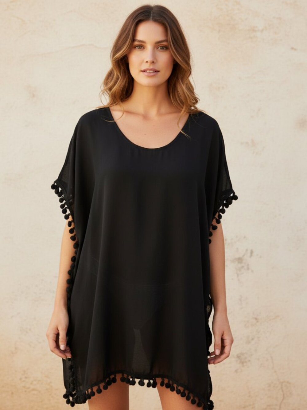 Yincra 8 M Tunic Top Cover Up Black Pom Pom Tassel Boho‎ Whimsigoth Romantic